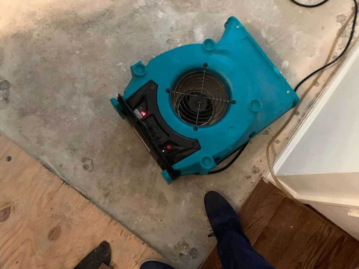 Air mover drying subfloor during Leak Detection & Repair in Haslet